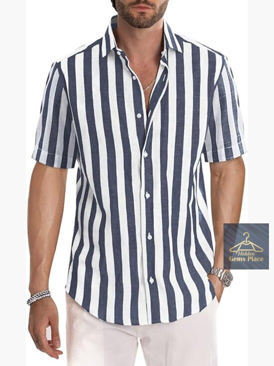 Other - Cotton Button Down Dress Shirt Short Sleeve Casual Striped Beach shirt